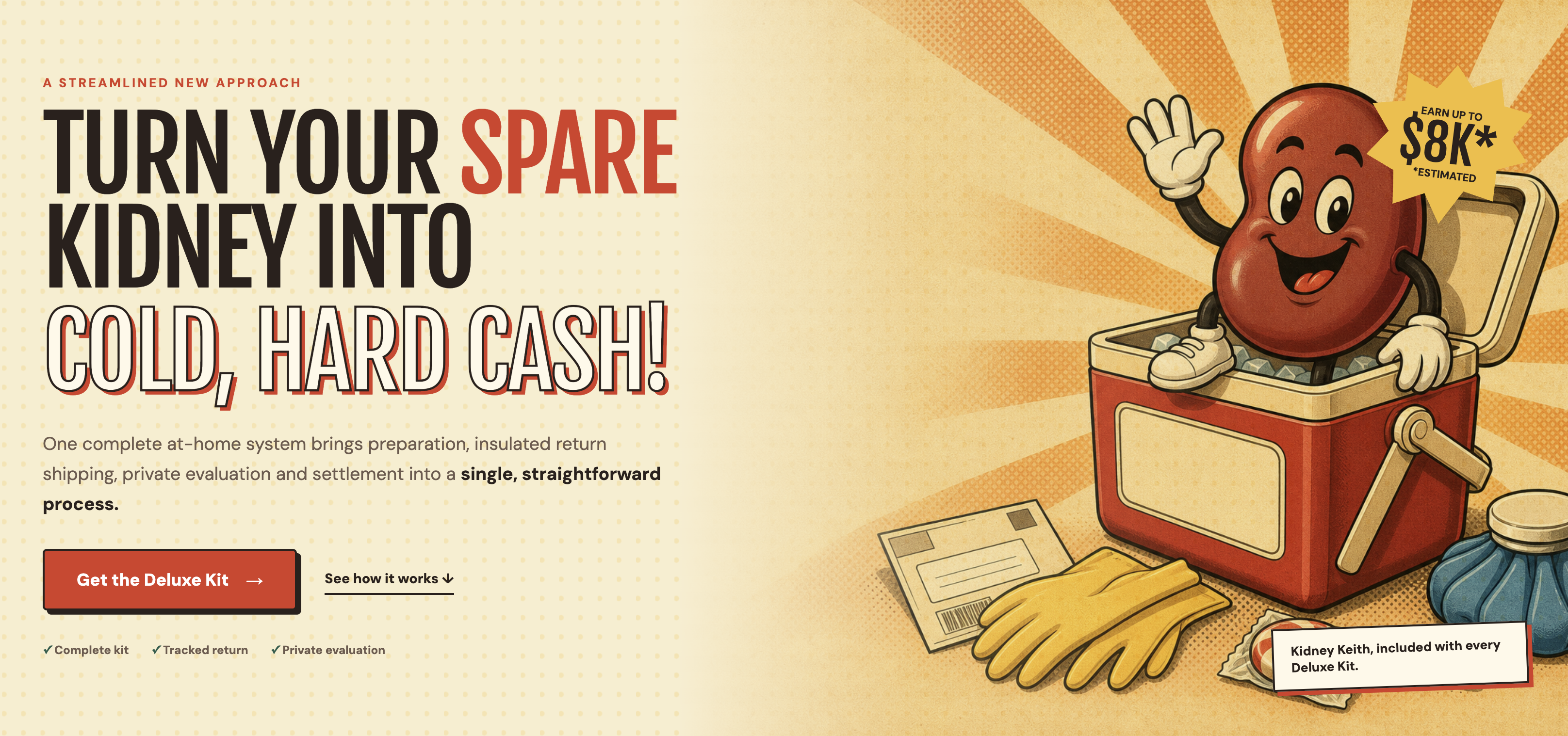 Cash for Kidneys website homepage with bold retro headline and a cartoon kidney mascot in a red cooler