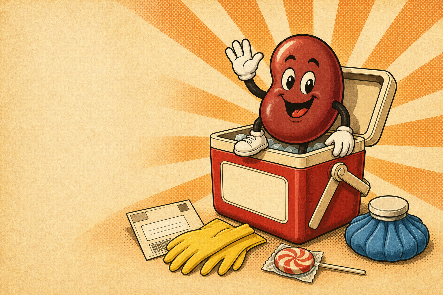 Cartoon kidney mascot waving from a red cooler beside a cold pack and packing supplies