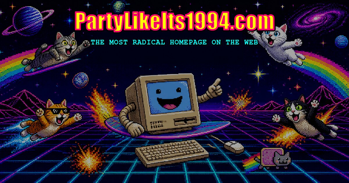 PartyLikeIts1994.com preview with flying cats, a smiling CRT computer, rainbows, and neon cyberspace